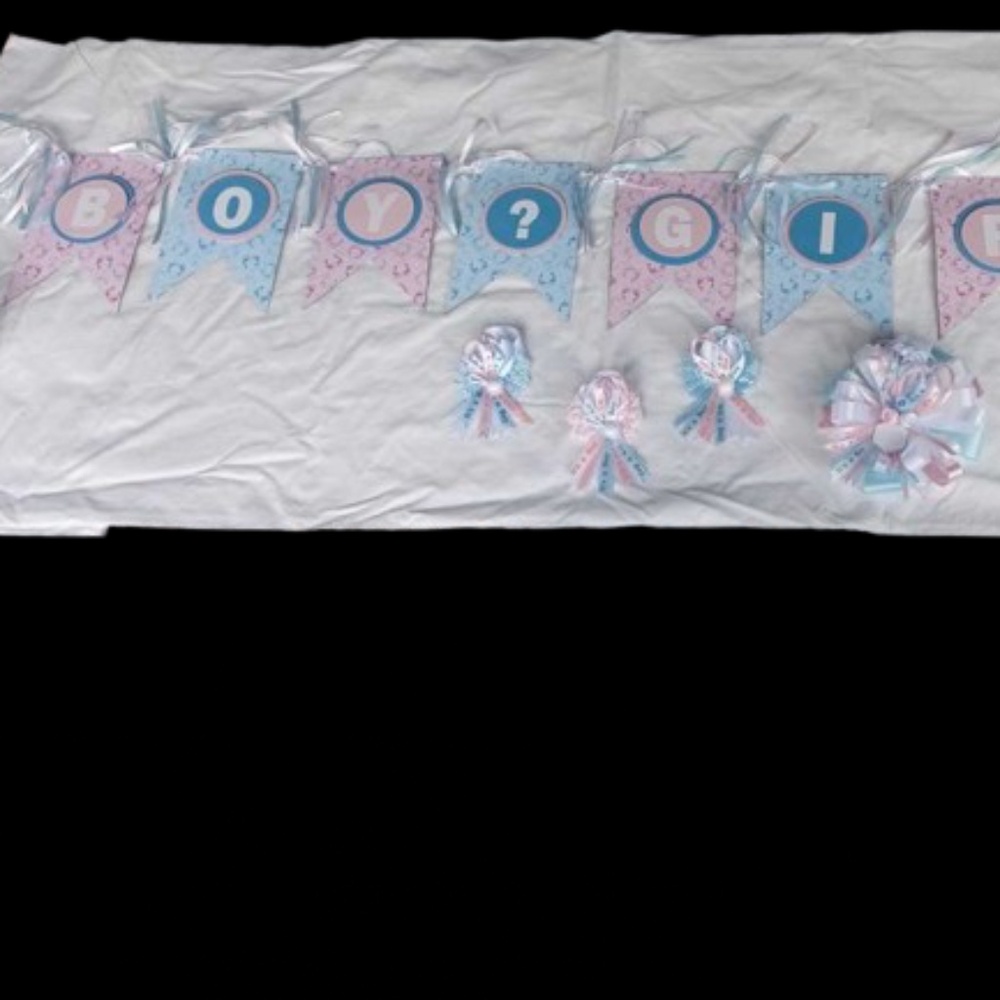 1 Gender Baby Shower Banner, 30 Gender Reveal Corsages/ Capias, and 1 Mom to Be